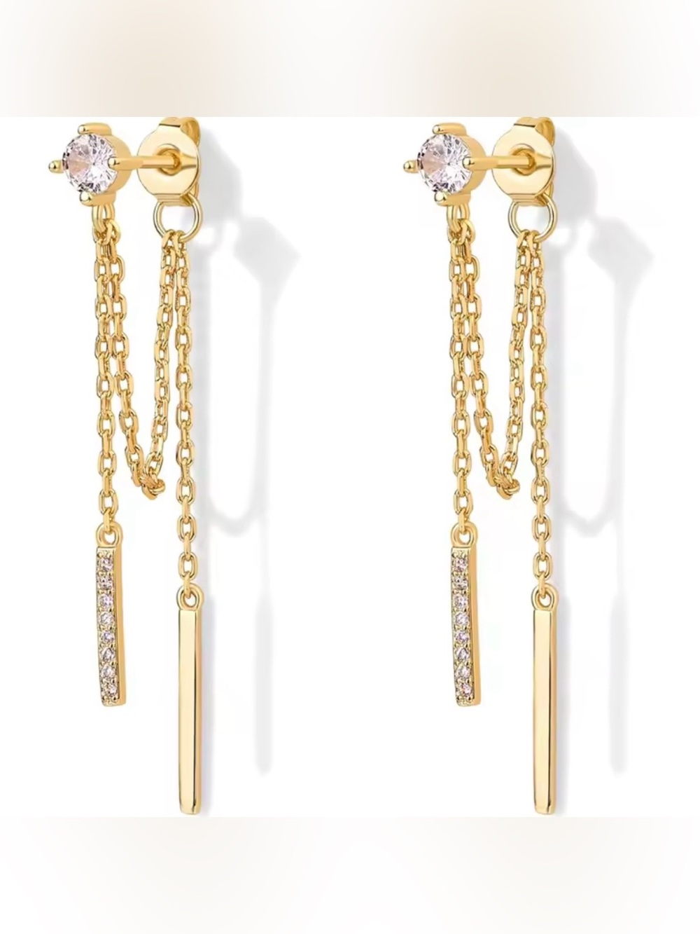 Gold Drop Chain Bar Earrings with Cubic Zirconia Accent - Women Jewelry